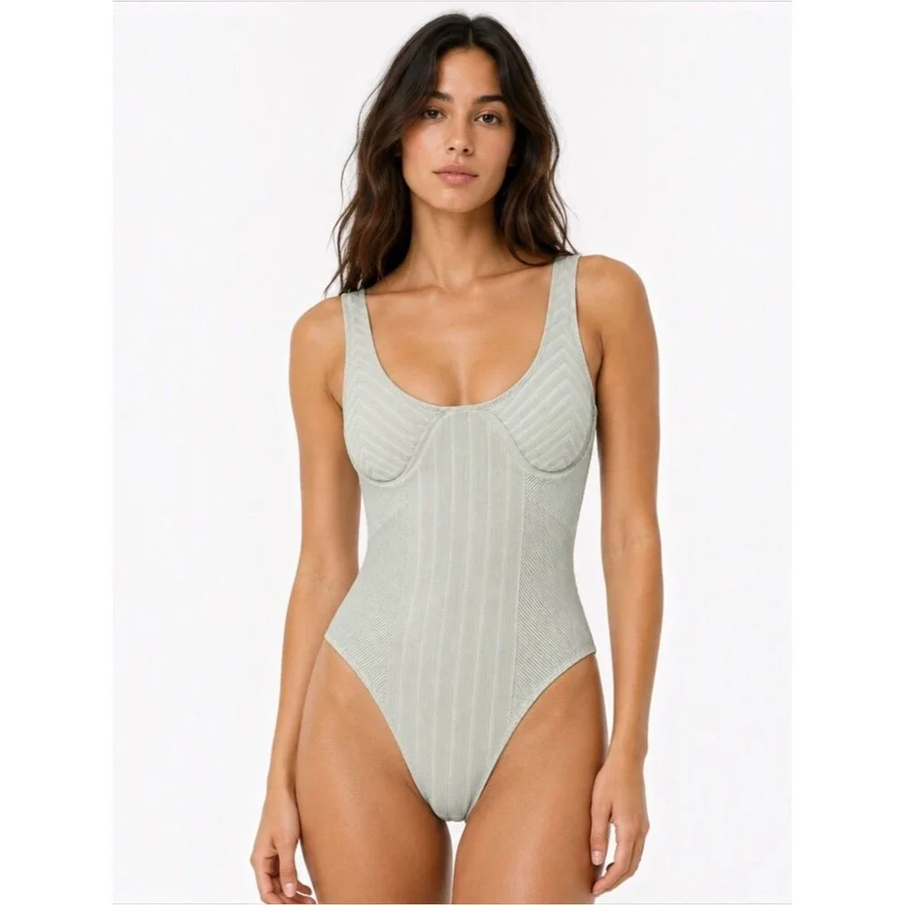Anthropologie Mint Ribbed One Piece Swimsuit Sage Green Small Bodysuit Minimal